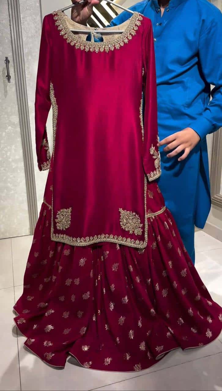 Elegant Crunchy Silk Top and Sharara Set with Coding Dori and Sequence
