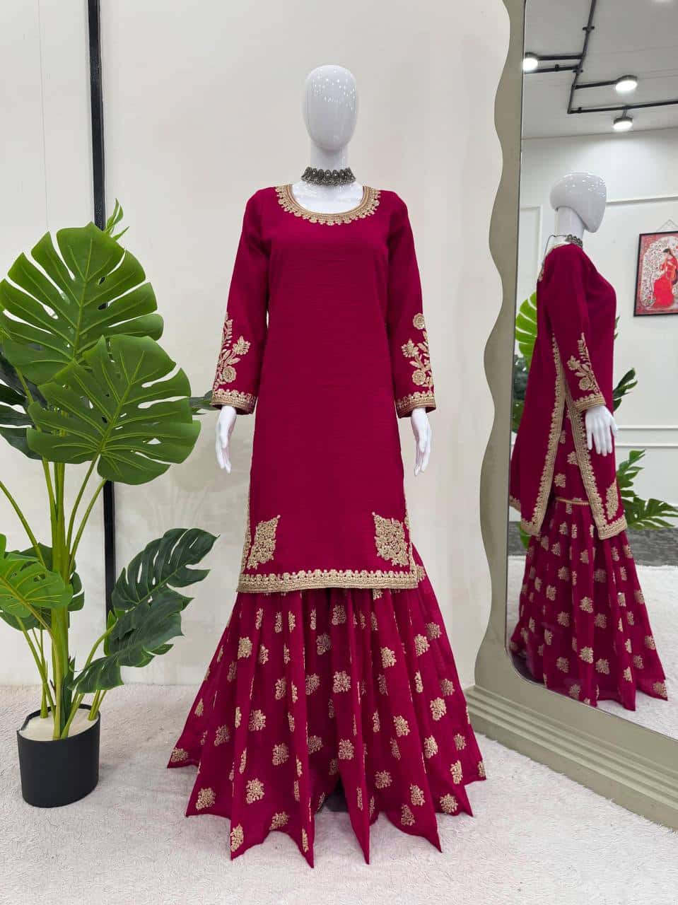 Elegant Crunchy Silk Top and Sharara Set with Coding Dori and Sequence