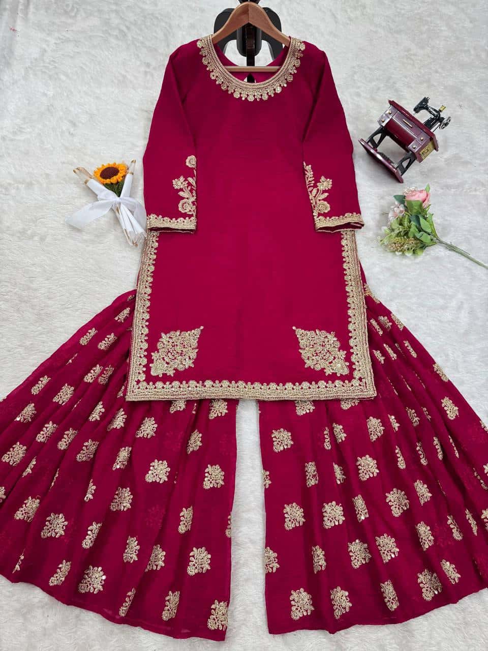 Elegant Crunchy Silk Top and Sharara Set with Coding Dori and Sequence
