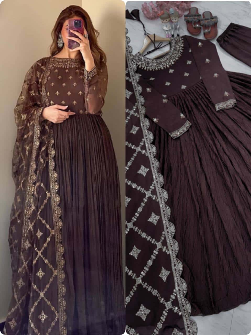 "Elegant Pur Crush Chinon Silk Embroidered Gown Set with Tassels, Dupatta, and Micro Cotton Inner"